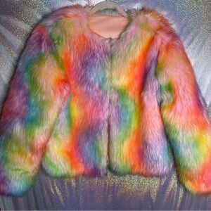 Crazy Colorful Satin Lined Rainbow Faux Fur Bomber Coat/Jacket